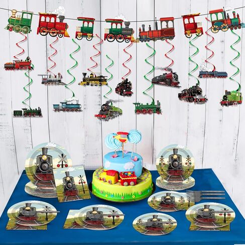 party greeting 109Pcs Train Birthday Party Supplies Includes Steam Train Party Plates Napkins Fork Retro Train Banner Hanging Ceiling Swirls for Train Transportation Baby Shower Party Decorations Set in Saudi Arabia