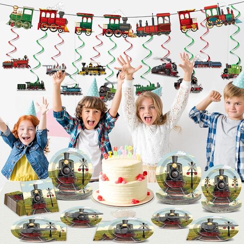 party greeting 109Pcs Train Birthday Party Supplies Includes Steam Train Party Plates Napkins Fork Retro Train Banner Hanging Ceiling Swirls for Train Transportation Baby Shower Party Decorations Set in Saudi Arabia