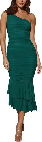 Cosonsen Women's One Shoulder Ruched Bodycon Dress Mermaid Cocktail Wedding Party Dresses in Kuwait