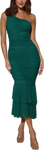 Cosonsen Women's One Shoulder Ruched Bodycon Dress Mermaid Cocktail Wedding Party Dresses in Kuwait