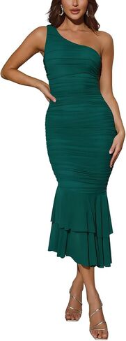 Cosonsen Women's One Shoulder Ruched Bodycon Dress Mermaid Cocktail Wedding Party Dresses in Kuwait