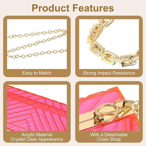 uxcell Women Acrylic Clear Clutch Purses Evening Handbag Crossbody Bag with Chain for Wedding Prom Party, Pink/Gold in Saudi Arabia