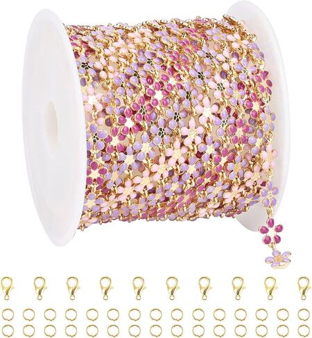 UMAOKANG 9.8 Feet Enamel Flower Chain for Jewelry Making 18K Gold Plated Brass Jewelry Chain Roll Pink Purple Oil Drip Floral Link Chain on Spool in Kuwait