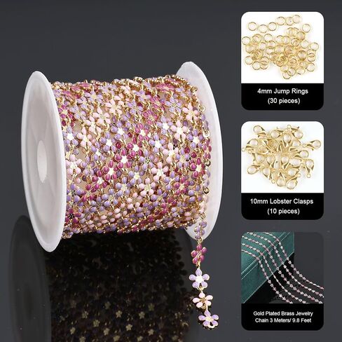 UMAOKANG 9.8 Feet Enamel Flower Chain for Jewelry Making 18K Gold Plated Brass Jewelry Chain Roll Pink Purple Oil Drip Floral Link Chain on Spool in Kuwait