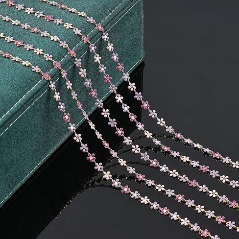 UMAOKANG 9.8 Feet Enamel Flower Chain for Jewelry Making 18K Gold Plated Brass Jewelry Chain Roll Pink Purple Oil Drip Floral Link Chain on Spool in Kuwait