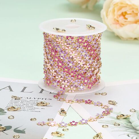 UMAOKANG 9.8 Feet Enamel Flower Chain for Jewelry Making 18K Gold Plated Brass Jewelry Chain Roll Pink Purple Oil Drip Floral Link Chain on Spool in Kuwait