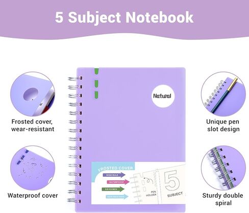 FLYING EAGLE 5 Subject Notebook Wide Ruled Spiral Notebook 5.5" x 8", 204 Pages Lined Spiral Journal Notebook with Dividers,Small Hardcover Notebooks for School, Work, A5 in Kuwait
