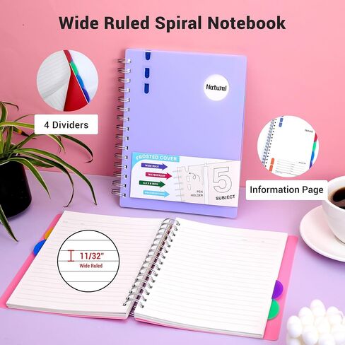 FLYING EAGLE 5 Subject Notebook Wide Ruled Spiral Notebook 5.5" x 8", 204 Pages Lined Spiral Journal Notebook with Dividers,Small Hardcover Notebooks for School, Work, A5 in Kuwait