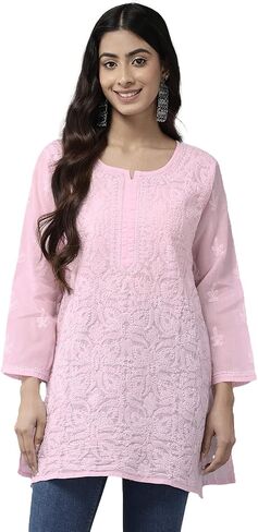Ada Hand Embroidered Indian Chikankari Cotton Blend Tunic Short Kurti Top for Women A911280 in Kuwait