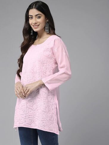 Ada Hand Embroidered Indian Chikankari Cotton Blend Tunic Short Kurti Top for Women A911280 in Kuwait