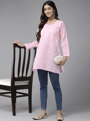 Ada Hand Embroidered Indian Chikankari Cotton Blend Tunic Short Kurti Top for Women A911280 in Kuwait