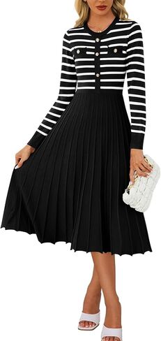 Women's Casual Long Sleeve Striped Midi Dress Crewneck Button Swing Pleated Knit A Line Dresses in Kuwait