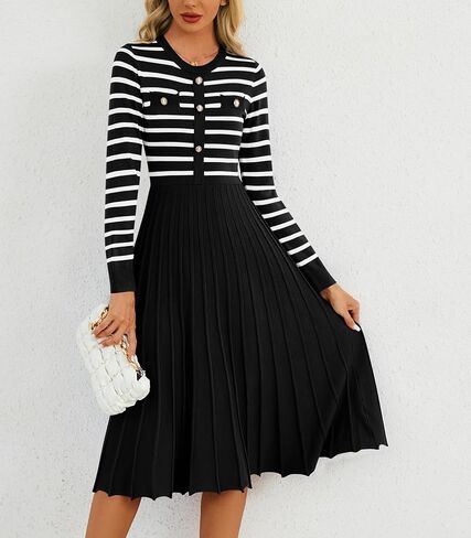 Women's Casual Long Sleeve Striped Midi Dress Crewneck Button Swing Pleated Knit A Line Dresses in Kuwait