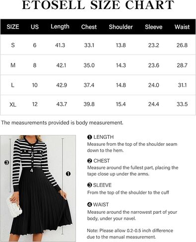 Women's Casual Long Sleeve Striped Midi Dress Crewneck Button Swing Pleated Knit A Line Dresses in Kuwait