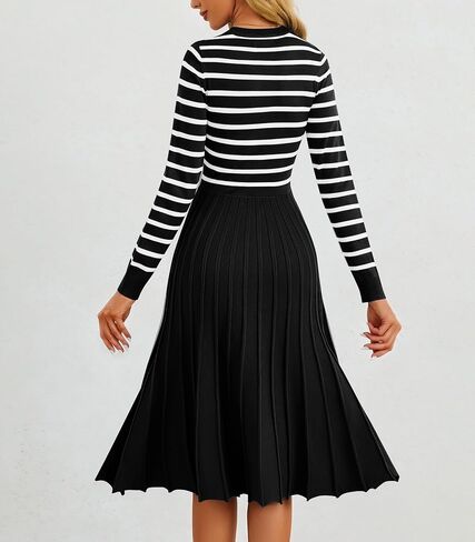 Women's Casual Long Sleeve Striped Midi Dress Crewneck Button Swing Pleated Knit A Line Dresses in Kuwait