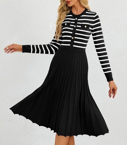Women's Casual Long Sleeve Striped Midi Dress Crewneck Button Swing Pleated Knit A Line Dresses in Kuwait