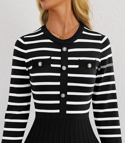 Women's Casual Long Sleeve Striped Midi Dress Crewneck Button Swing Pleated Knit A Line Dresses in Kuwait