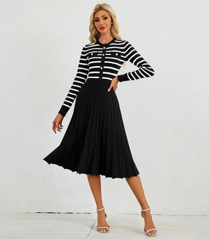 Women's Casual Long Sleeve Striped Midi Dress Crewneck Button Swing Pleated Knit A Line Dresses in Kuwait