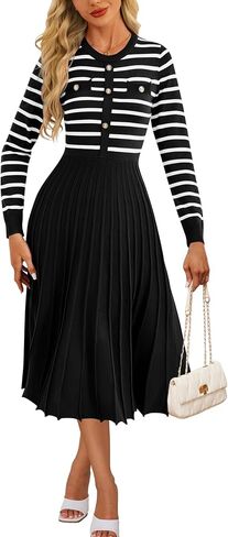 Women's Casual Long Sleeve Striped Midi Dress Crewneck Button Swing Pleated Knit A Line Dresses in Kuwait
