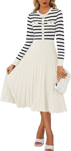 Women's Casual Long Sleeve Striped Midi Dress Crewneck Button Swing Pleated Knit A Line Dresses in Kuwait