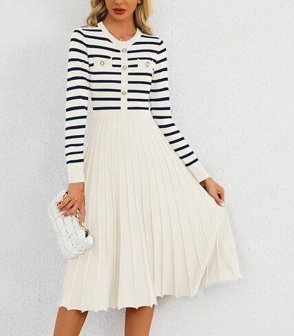 Women's Casual Long Sleeve Striped Midi Dress Crewneck Button Swing Pleated Knit A Line Dresses in Kuwait
