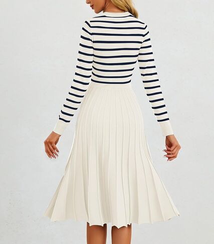 Women's Casual Long Sleeve Striped Midi Dress Crewneck Button Swing Pleated Knit A Line Dresses in Kuwait