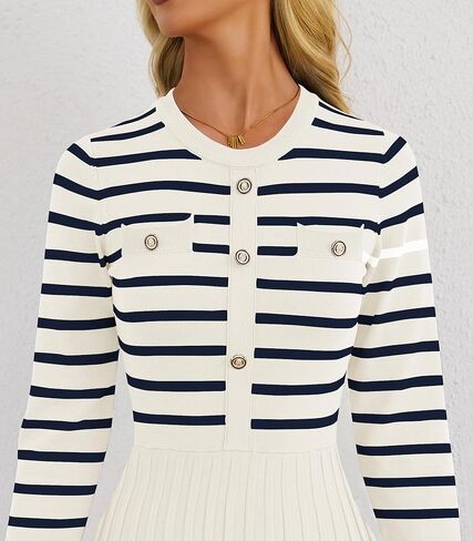 Women's Casual Long Sleeve Striped Midi Dress Crewneck Button Swing Pleated Knit A Line Dresses in Kuwait