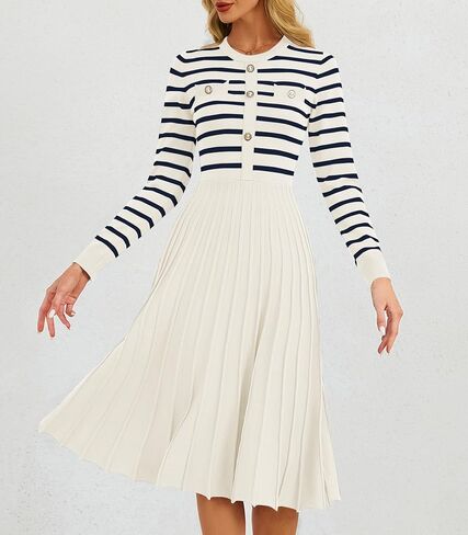 Women's Casual Long Sleeve Striped Midi Dress Crewneck Button Swing Pleated Knit A Line Dresses in Kuwait