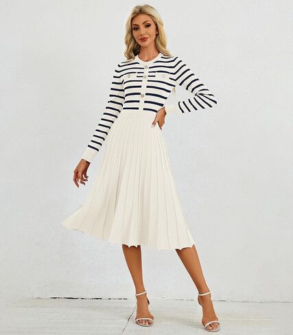Women's Casual Long Sleeve Striped Midi Dress Crewneck Button Swing Pleated Knit A Line Dresses in Kuwait