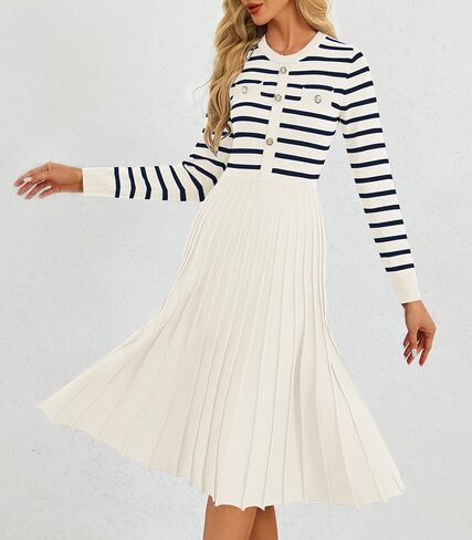 Women's Casual Long Sleeve Striped Midi Dress Crewneck Button Swing Pleated Knit A Line Dresses in Kuwait