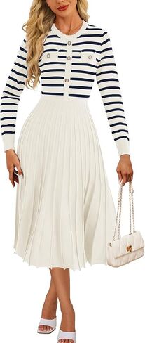 Women's Casual Long Sleeve Striped Midi Dress Crewneck Button Swing Pleated Knit A Line Dresses in Kuwait
