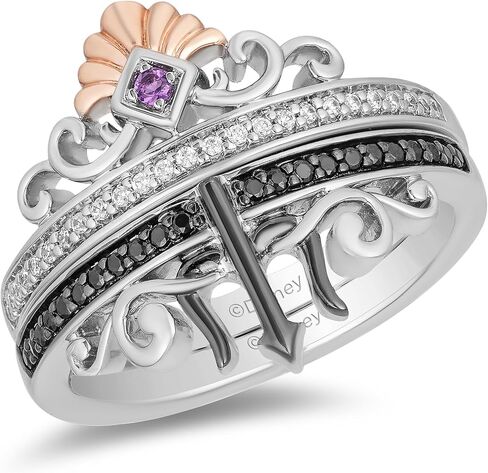 Jewelili Enchanted Disney Fine Jewelry الروديوم الأسود والذهب الوردي عيار 14 قيراط فوق الفضة الاسترليني مع 1/5 CTTW الماس وخاتم الجمشت أرييل أورسولا الثنائي in Saudi Arabia