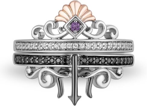 Jewelili Enchanted Disney Fine Jewelry الروديوم الأسود والذهب الوردي عيار 14 قيراط فوق الفضة الاسترليني مع 1/5 CTTW الماس وخاتم الجمشت أرييل أورسولا الثنائي in Saudi Arabia