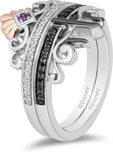 Jewelili Enchanted Disney Fine Jewelry الروديوم الأسود والذهب الوردي عيار 14 قيراط فوق الفضة الاسترليني مع 1/5 CTTW الماس وخاتم الجمشت أرييل أورسولا الثنائي in Saudi Arabia
