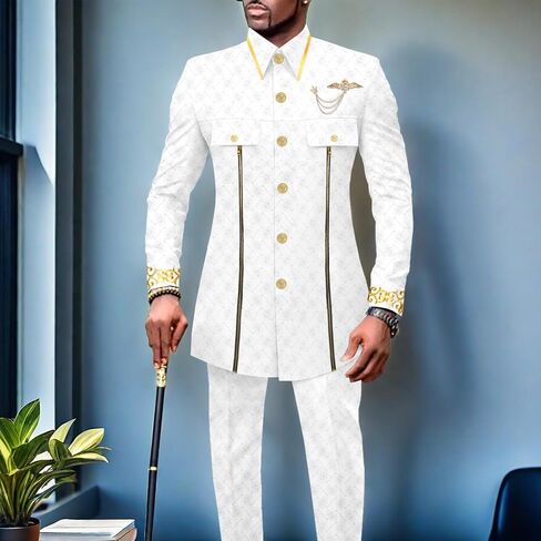 Men's Suits African Clothes Slim Fit Embroidery Single Breasted Full Sleeve Zip Blazer and Pants Set in Kuwait