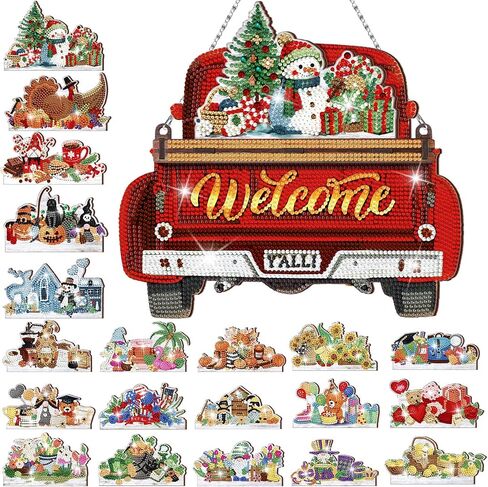 Burbell 21 Pcs Interchangeable Diamond Painting Welcome Sign for Front Door Diamond Painting Truck Decor Interchangeable Seasonal Welcome Sign for DIY Diamond Art Kit Wall Window Door Farmhouse (Red) in Kuwait