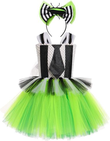 فستان تول مخطط باللونين الأسود والأبيض للفتيات مع مجموعة عصابة رأس لباس الهالوين للأطفال الصغار in Kuwait