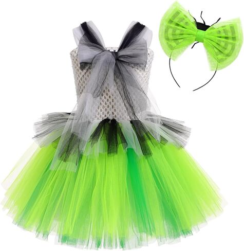 فستان تول مخطط باللونين الأسود والأبيض للفتيات مع مجموعة عصابة رأس لباس الهالوين للأطفال الصغار in Kuwait