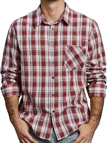JOGAL Long Sleeve Shirts for Men Plaid Button Down Shirt Mens Casual Cotton Button Up Pocket Shirt in Kuwait