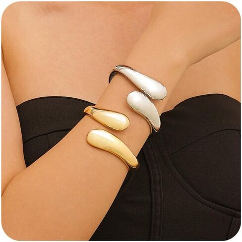 Gold Bangle for Women Chunky Cuff Bracelet Thick 18K Gold Plated Bangle Bracelets Set Open Teardrop Bangle Trendy Wide Wire Irregular Minimalist Bangle Jewelry in Saudi Arabia