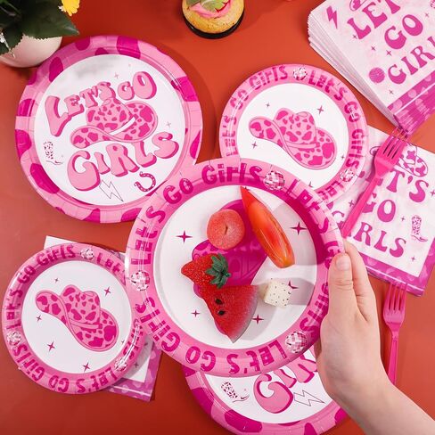 durony 96 Pieces Let's Go Party Supplies Serve 24 Guests Hot Pink Birthday Party Plates Disposable Paper Napkins Forks Bachelorette Decorations for Birthday Disco Pink Girl Party Decorations in Kuwait