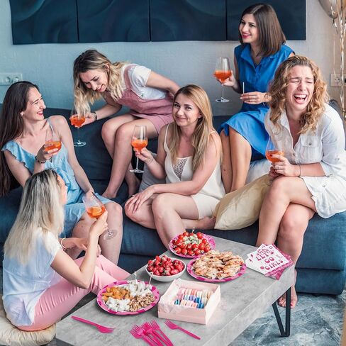 durony 96 Pieces Let's Go Party Supplies Serve 24 Guests Hot Pink Birthday Party Plates Disposable Paper Napkins Forks Bachelorette Decorations for Birthday Disco Pink Girl Party Decorations in Kuwait