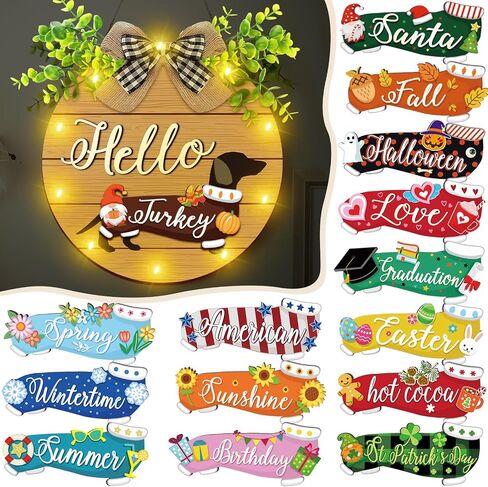 Wenqik 16 Pcs Interchangeable Dog Welcome Door Sign Dachshund Decor with Light Wooden Dachshund Door Hanger Seasonal Home Sign Decoration Hanging Welcome Sign for Autumn Christmas Front Door Porch in Saudi Arabia