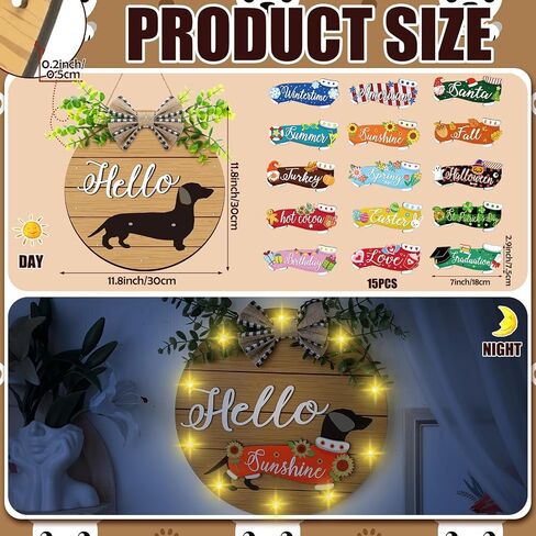 Wenqik 16 Pcs Interchangeable Dog Welcome Door Sign Dachshund Decor with Light Wooden Dachshund Door Hanger Seasonal Home Sign Decoration Hanging Welcome Sign for Autumn Christmas Front Door Porch in Saudi Arabia