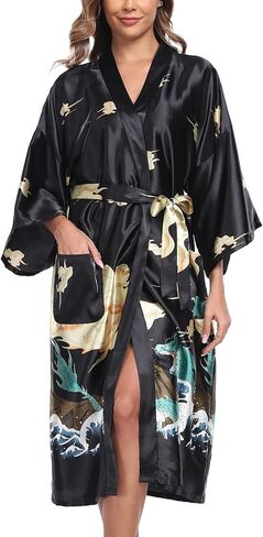 BestWendding Women's Satin Kimono Robes Floral Printed Long Bathrobe Silky Nightgowns Bridesmaid Robes with 2 Pockets in Saudi Arabia
