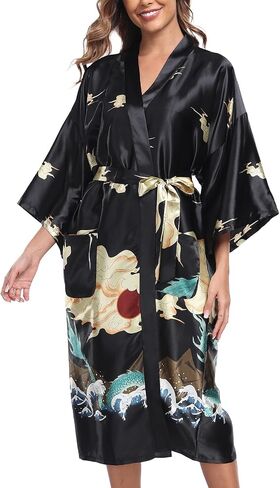 BestWendding Women's Satin Kimono Robes Floral Printed Long Bathrobe Silky Nightgowns Bridesmaid Robes with 2 Pockets in Saudi Arabia
