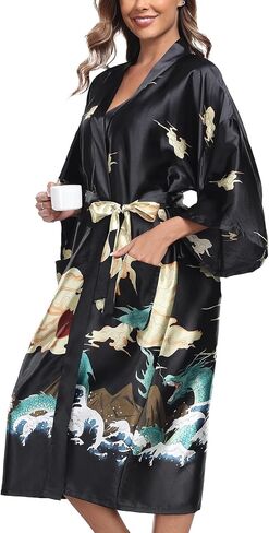 BestWendding Women's Satin Kimono Robes Floral Printed Long Bathrobe Silky Nightgowns Bridesmaid Robes with 2 Pockets in Saudi Arabia