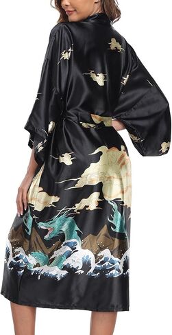 BestWendding Women's Satin Kimono Robes Floral Printed Long Bathrobe Silky Nightgowns Bridesmaid Robes with 2 Pockets in Saudi Arabia