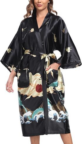BestWendding Women's Satin Kimono Robes Floral Printed Long Bathrobe Silky Nightgowns Bridesmaid Robes with 2 Pockets in Saudi Arabia
