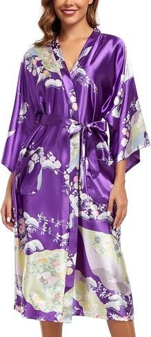 BestWendding Women's Satin Kimono Robes Floral Printed Long Bathrobe Silky Nightgowns Bridesmaid Robes with 2 Pockets in Saudi Arabia